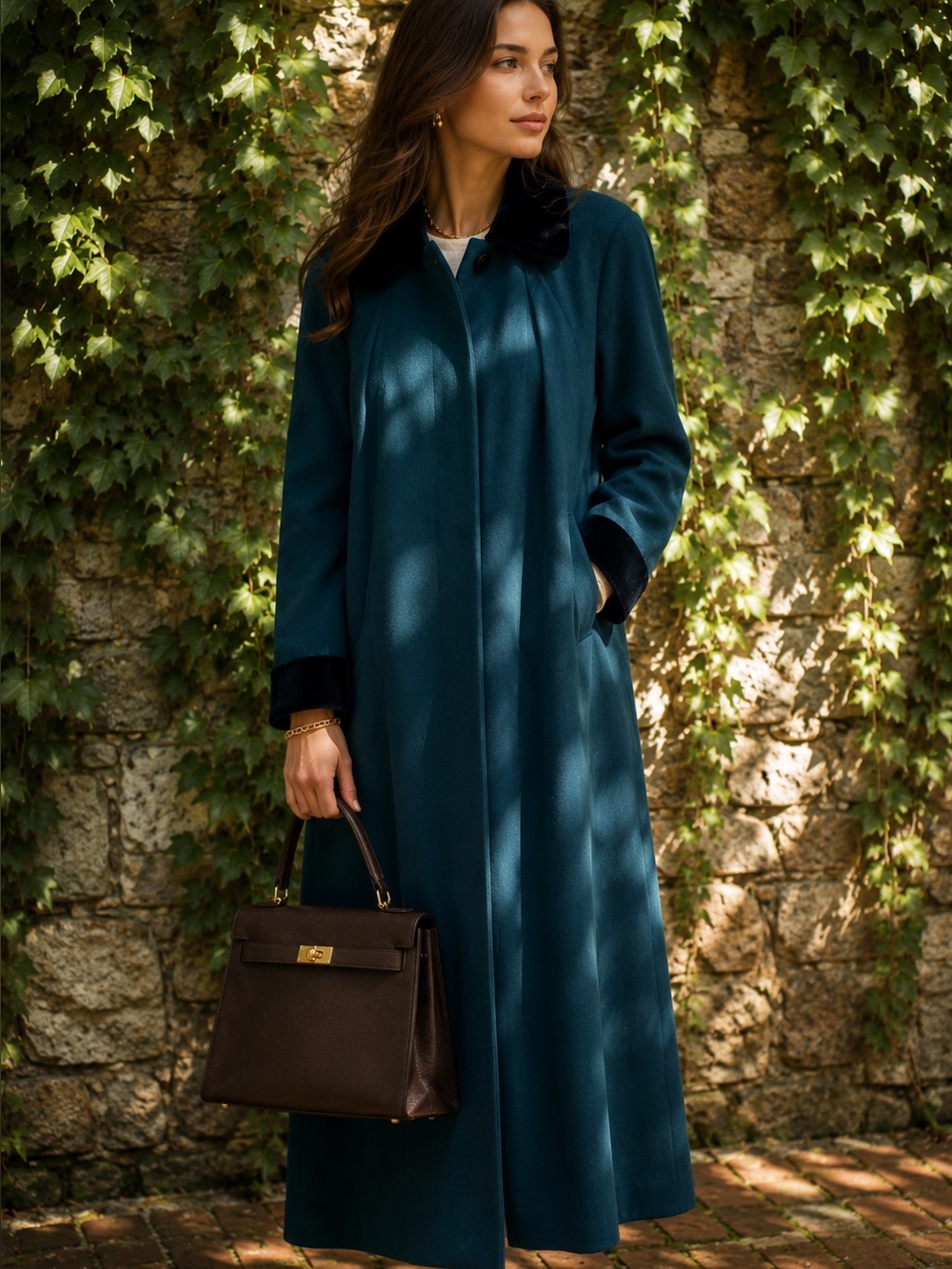 VINTAGE ALORNA Teal Wool Peacoat with Velvet Trim, 14P